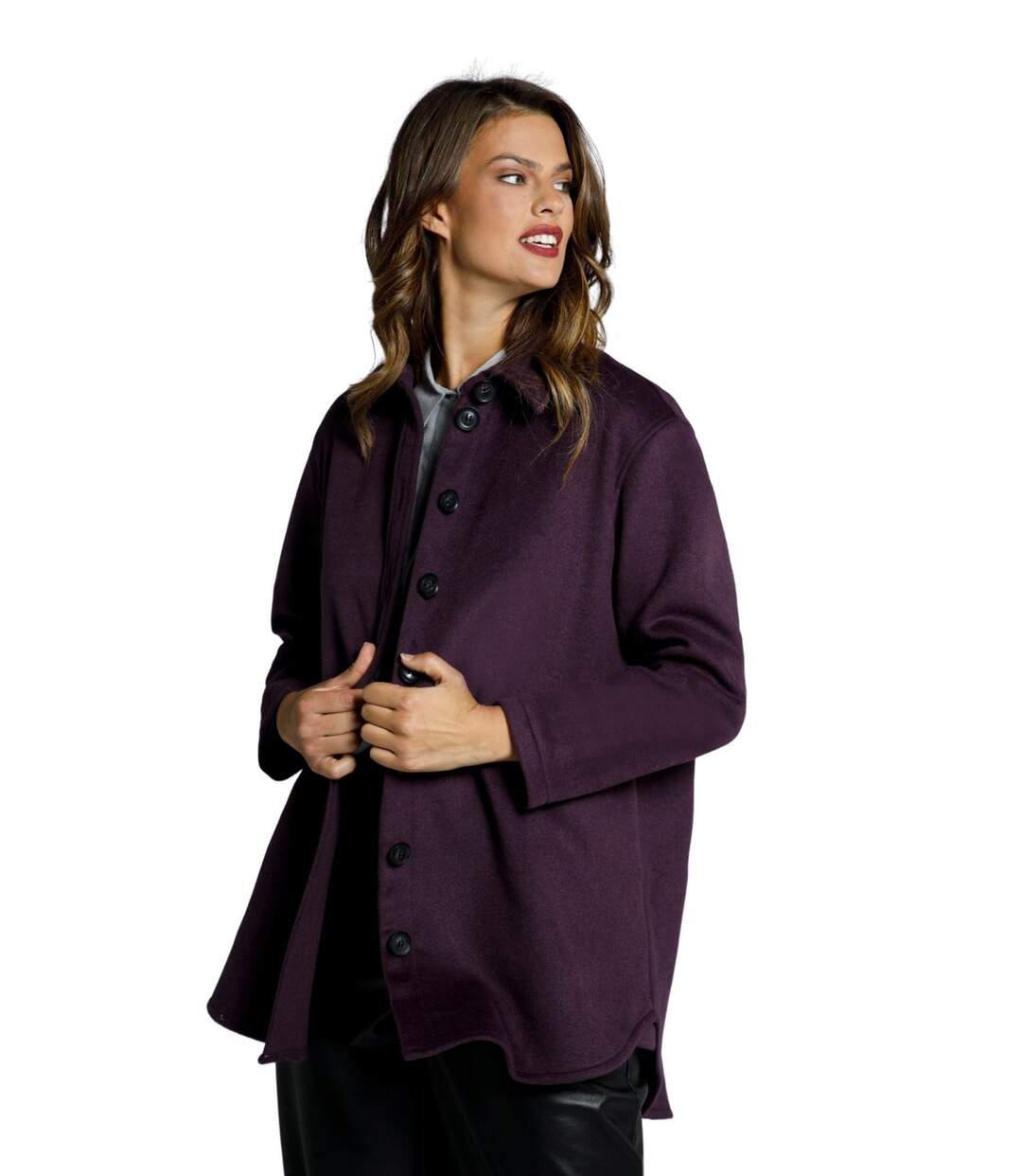 ULLA POPKEN Surchemise, oversize, flanelle, manches longues violet foncé