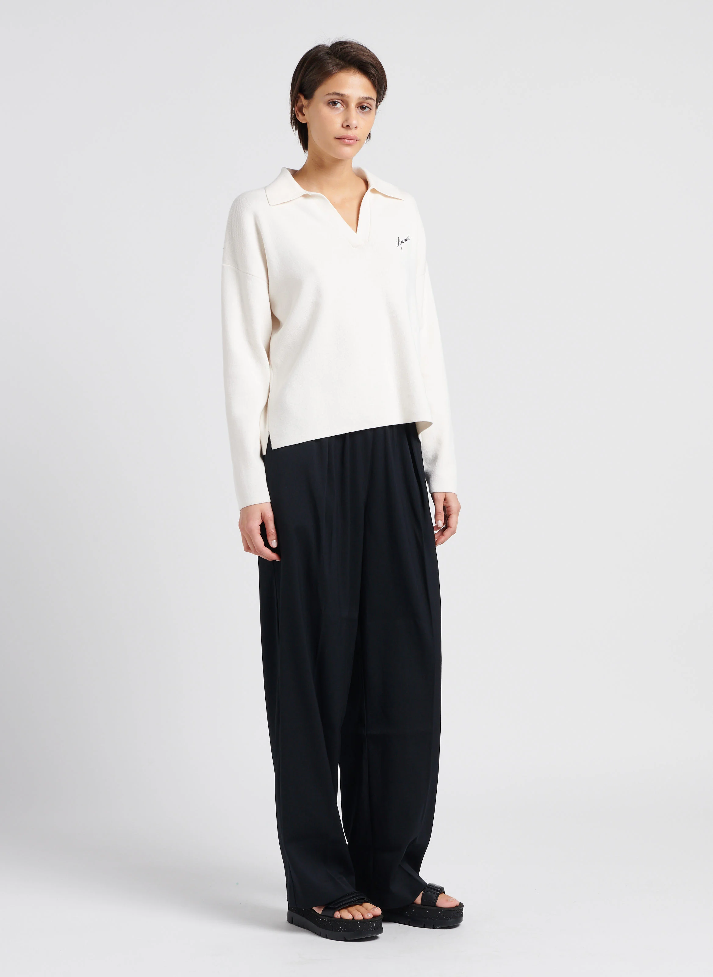 MONDOVIE AMOUR - Pull col V à revers en coton mélangé| Blanc