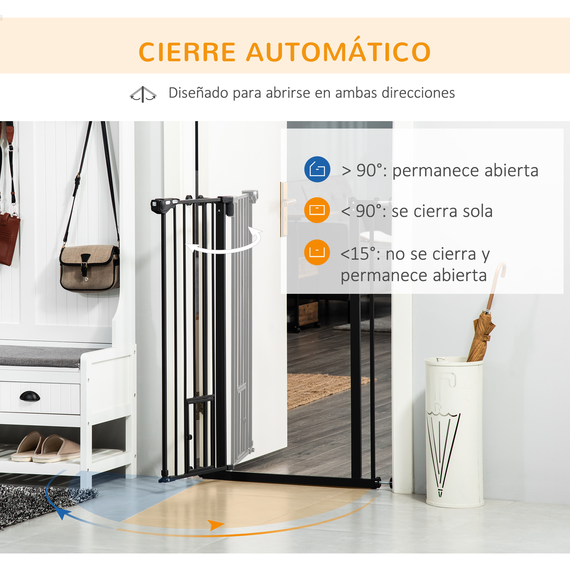 Portão de segurança para cães PawHut com 1 porta pequena, barreira extensível para animais de estimação com fechamento automático e sistema de travamento duplo para portas, corredores e escadas, 74-101 x 104,1 cm, preto