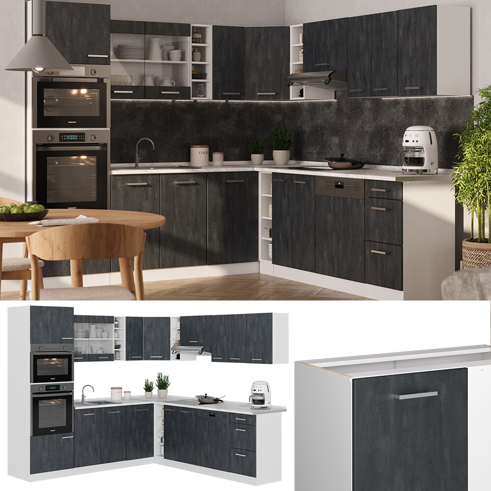 Vicco Eckküche R-Line 247x237 cm Schwarz Beton Weiß mit Arbeitsplatte Weiß Marmor