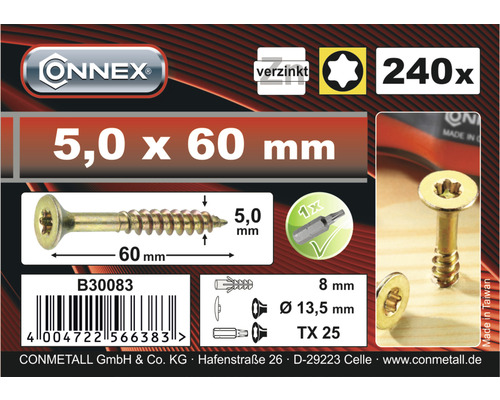 Universele verzonken schroef TX 5x60 mm geel verzinkt 240 stuks incl. bit