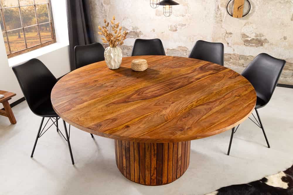 Runder Esstisch TRES CHIC 120cm braun Sheeshamholz stone finish massiv mit Säulenfuß