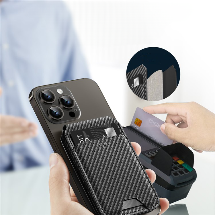 HaloLock Magnetische MagSafe iPhone Echtleder Wallet Kreditkarten Halterung in Carbon Optik   Kickstand Aufsteller - Schwarz