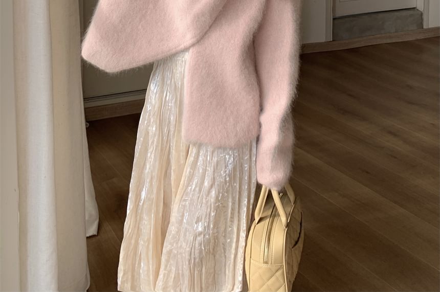 Duwnie - V-hals effen trui met strik en split / Hoge taille effen fluwelen maxi-A-lijn rok