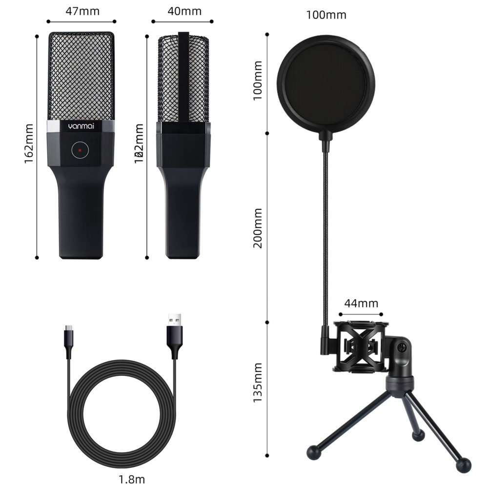 Studio Kondensator USB / USB-C Mikrofon für Gaming / Streaming mit Pop Filter / ANC / Dreibein Stativ und RGB LED - Schwarz