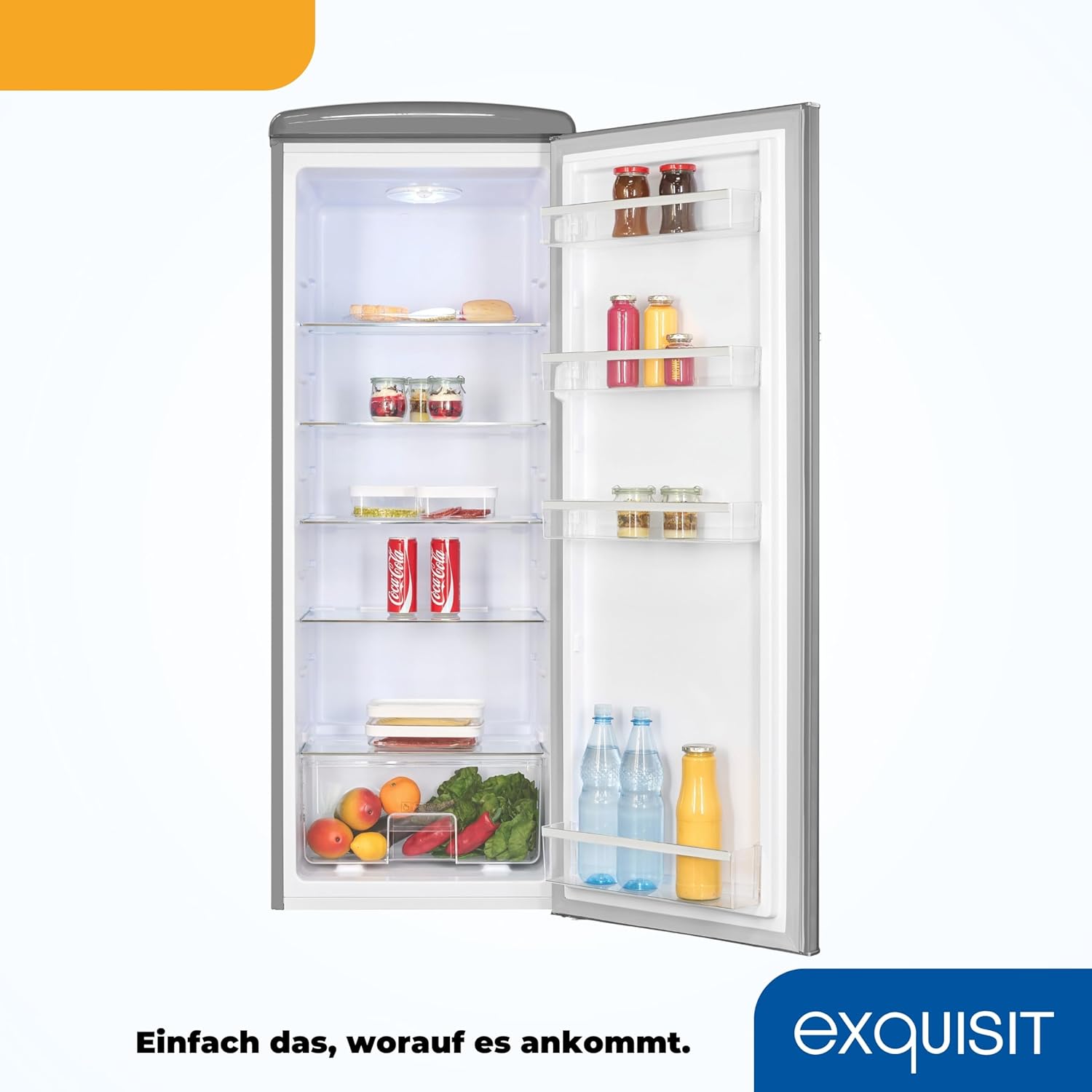 Exquisit Retro-Kühlschrank, ohne Gefrierfach, 229 Liter, groß, 5 Ablagen, Gemüsefach, Temperaturregelung, RKS325-V-H-161E grau