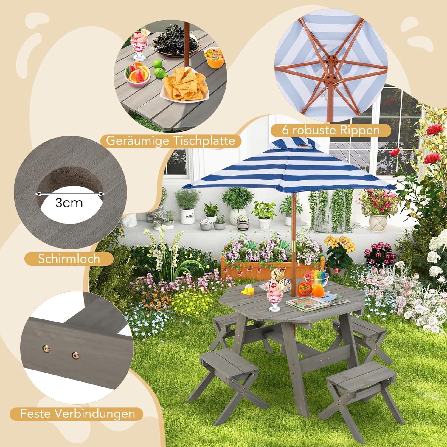 COSTWAY Kindersitzgruppe Outdoor, Kinder Picknicktisch mit 4 Stühlen und Sonnenschirm, Kindersitzgarnitur aus Holz, Sitzgarnitur, Sitzgruppe, Gartenmöbel für Garten, Hinterhof, Terrasse (Grau)