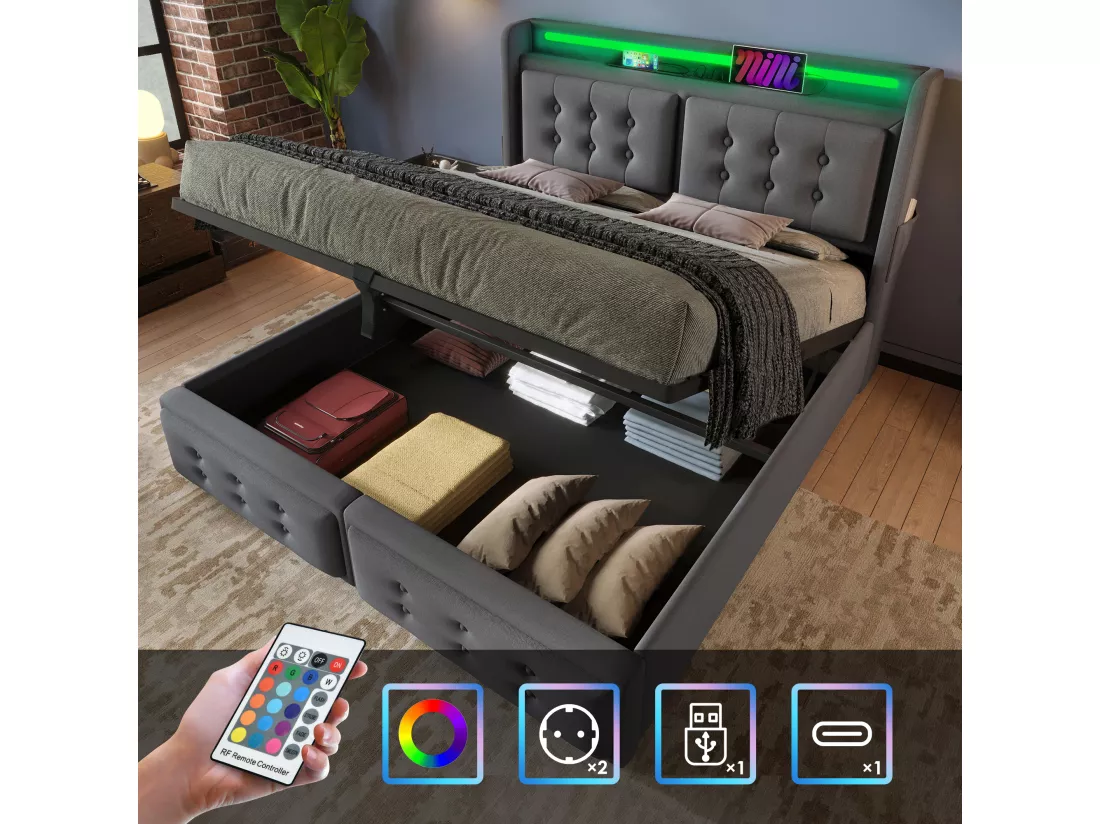 Lit coffre 180x200cm en tissu lin - avec LED et Ports de recharge - Gris
