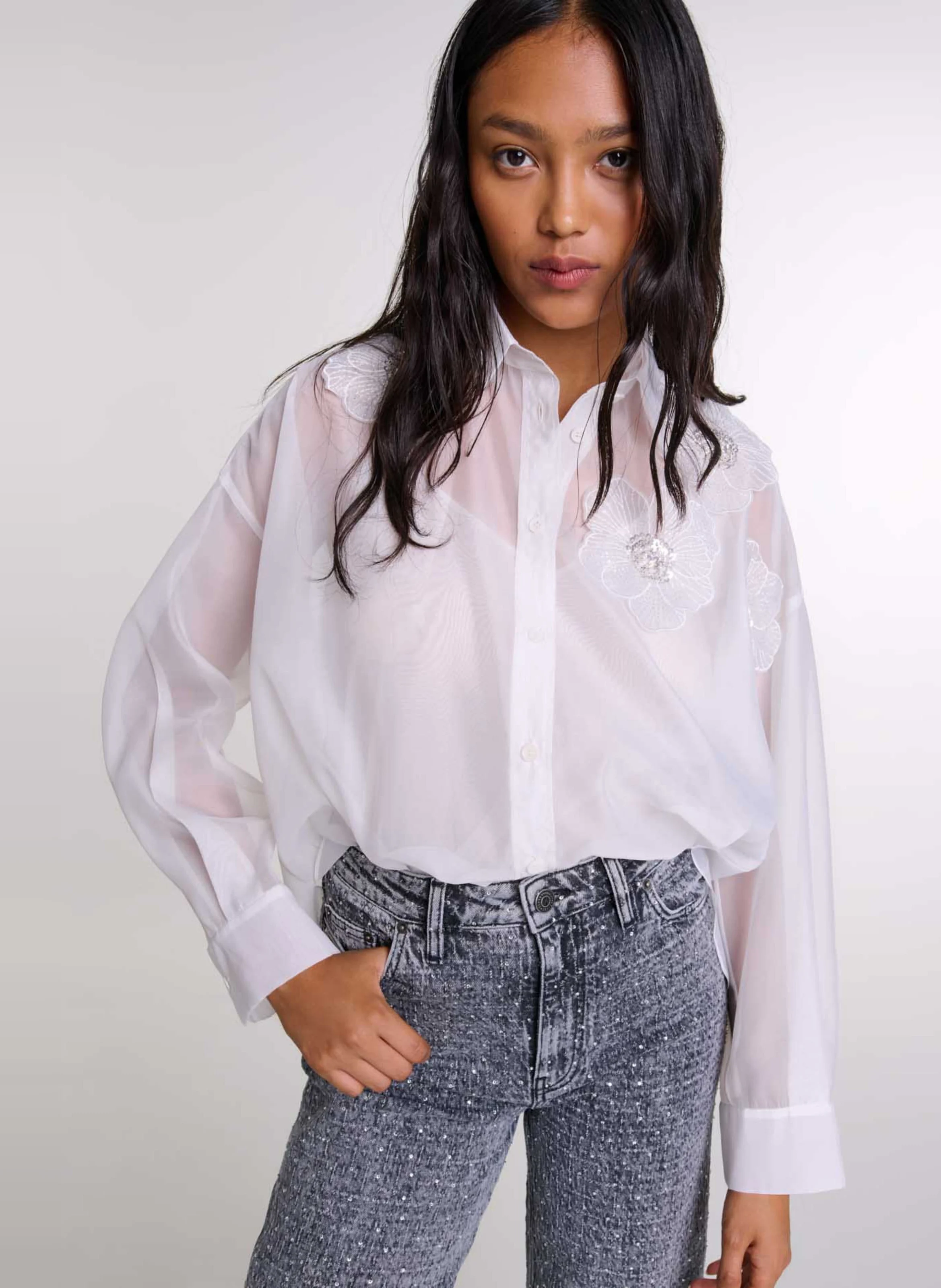 Chemise col classique droite en organza | Blanc