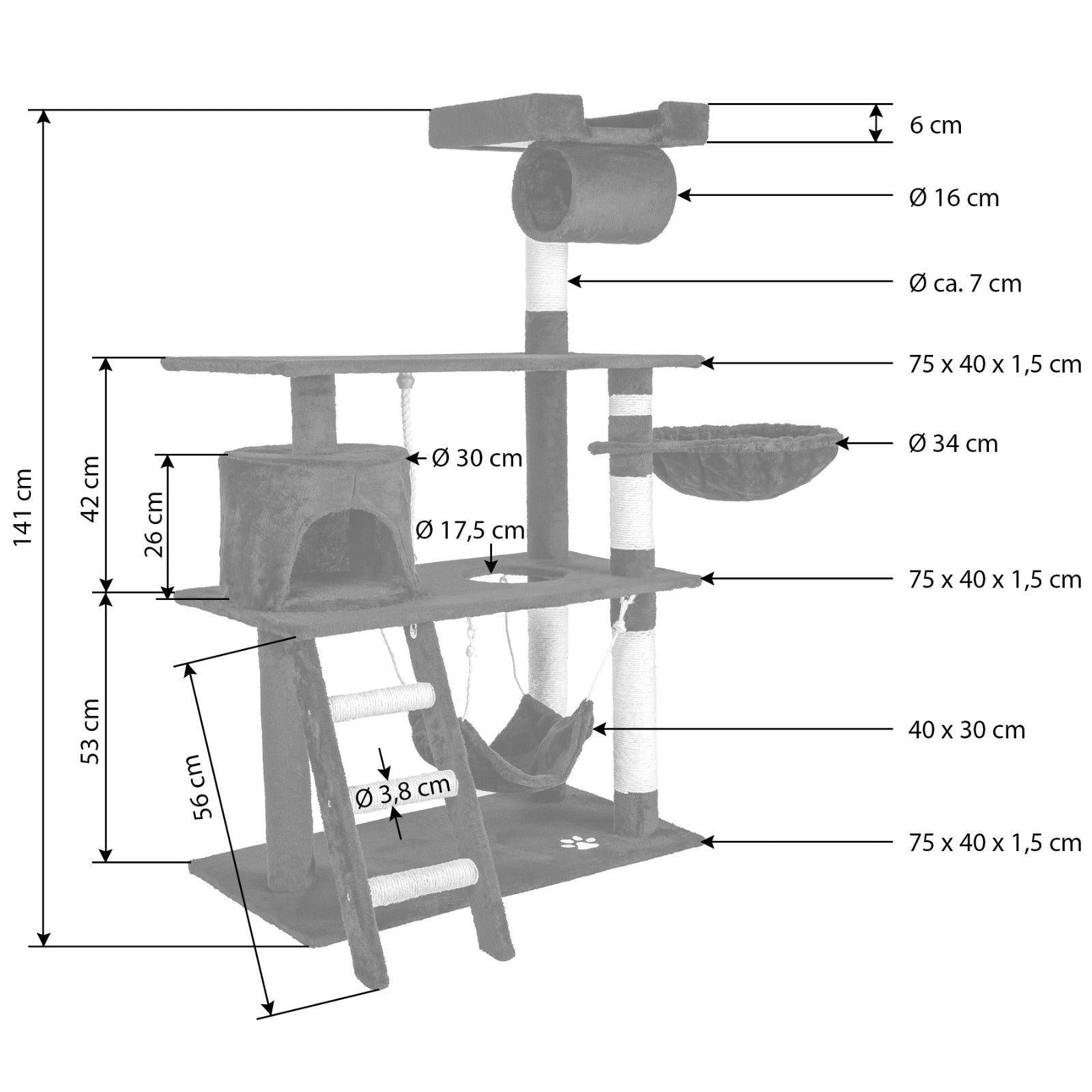 Arbre à chat griffoir grattoir niche jouet animaux peluché gris foncé 141 cm