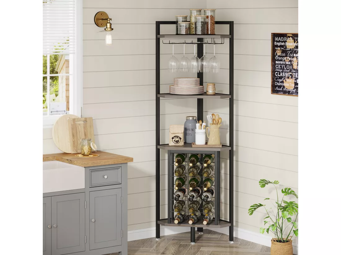 Casier à Vin, Étagère à vin d'angle avec Support en Verre et étagères de Rangement, Casier à vin Bouteilles pour Bar à vin, Cuisine, Salle à Manger, Gris