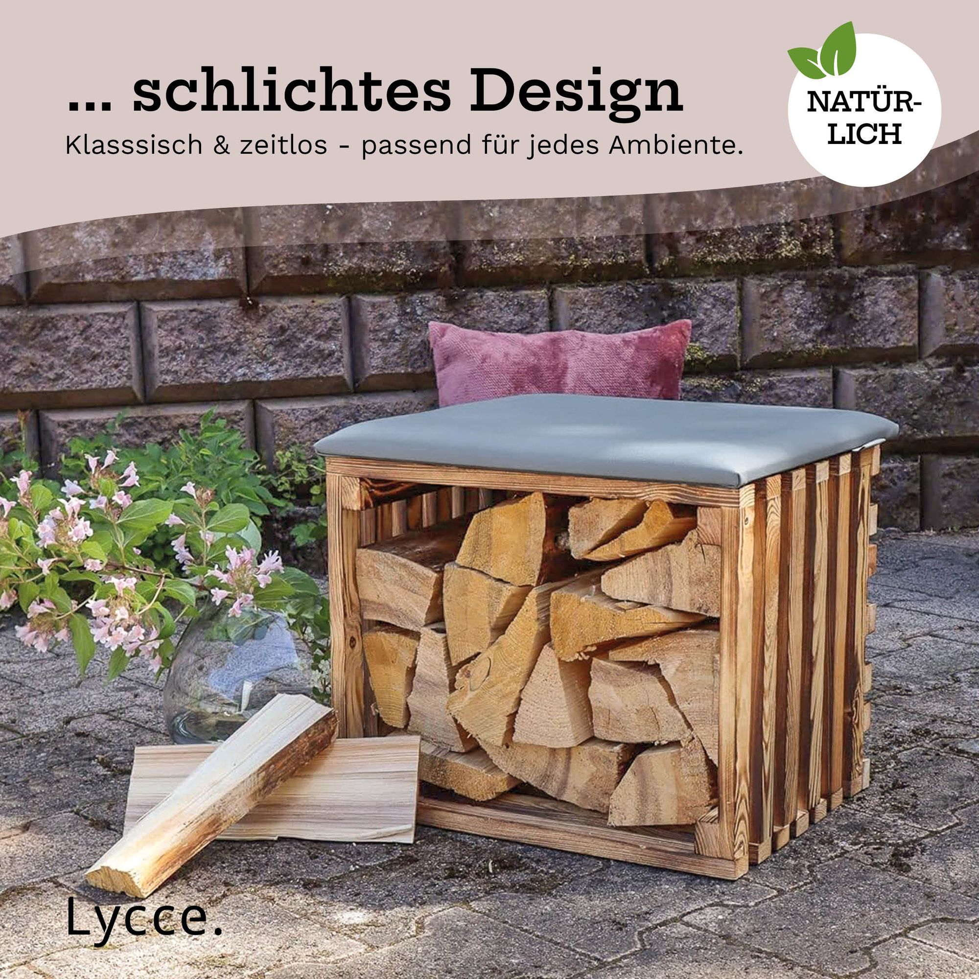 Lycce Sitzhocker mit Stauraum - 30L , Holzkiste aus geflammtem Holz