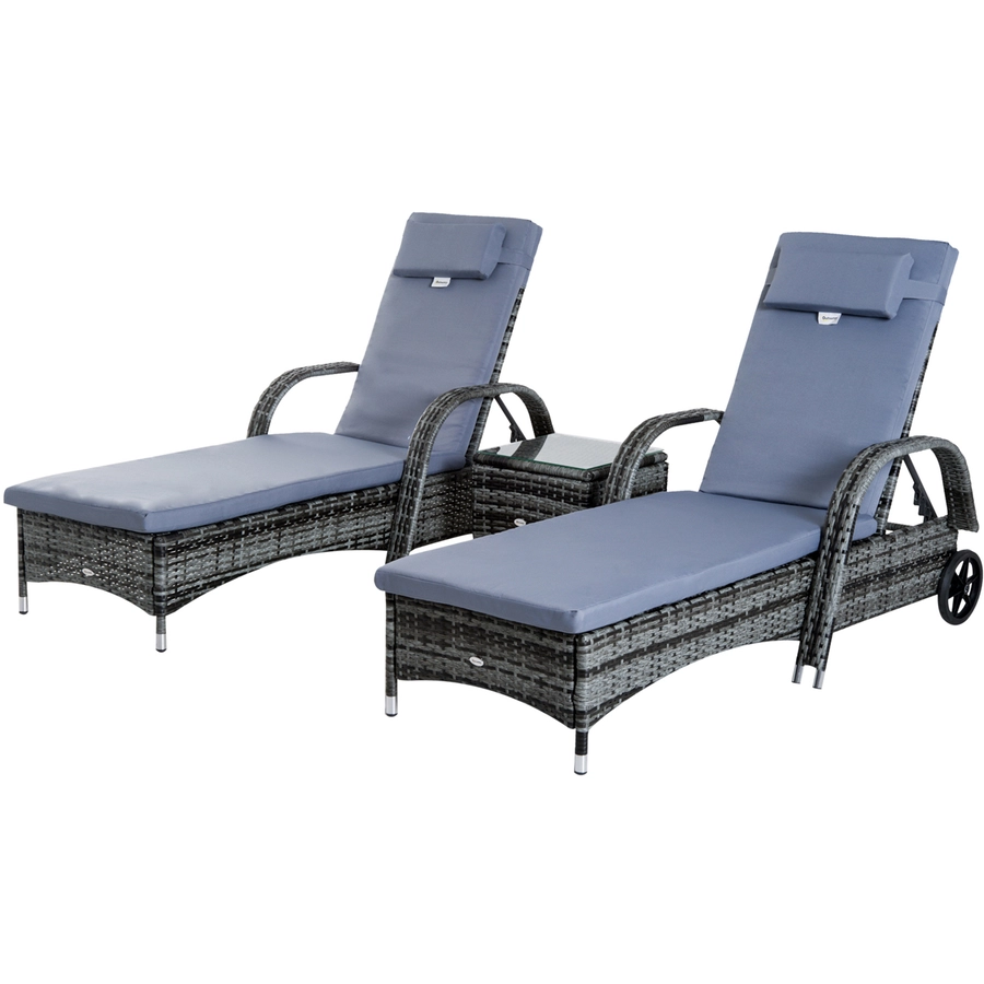 Outsunny Rattan-Gartenliege als 3-teiliges Set grau