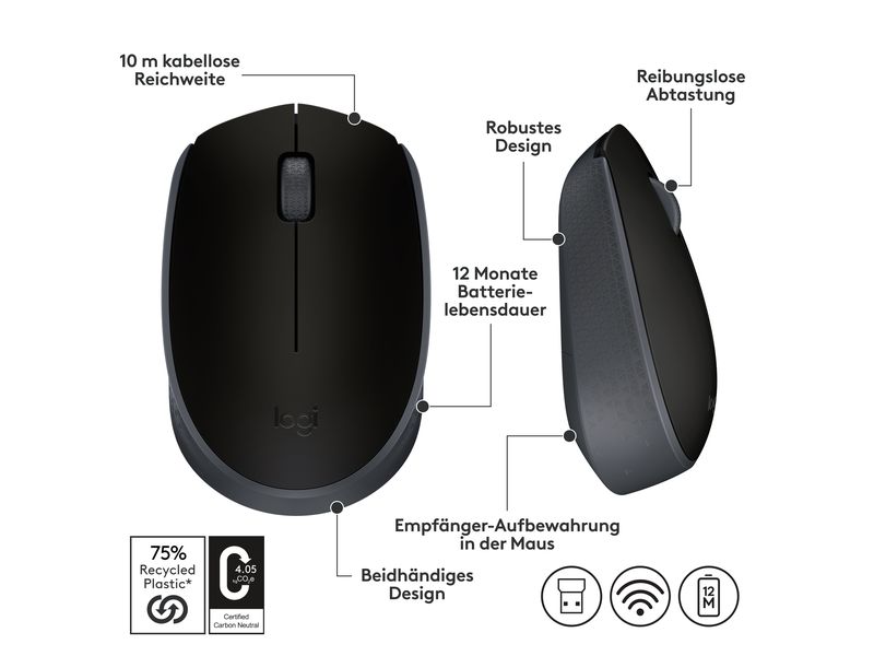 Logitech Maus B170 Kleine Wireless-Maus, schwarz