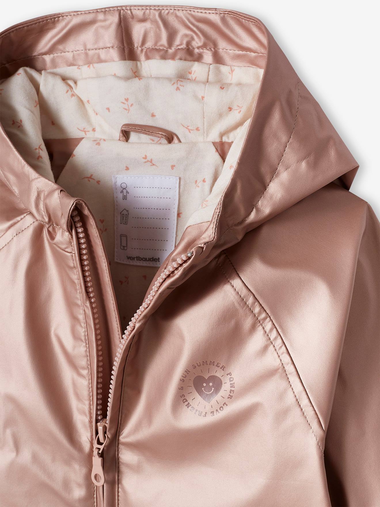 Capa de chuva rosa metálica com capuz para meninas