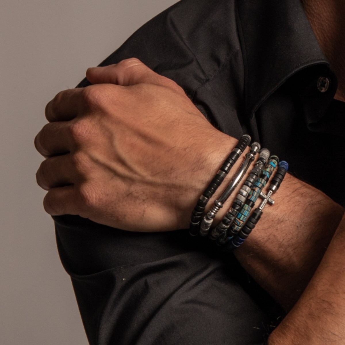 Bracelet Perles Heishi Pierres Naturelles Jaspe Paysage Et Turquoise Tête De Mort-Small-16cm