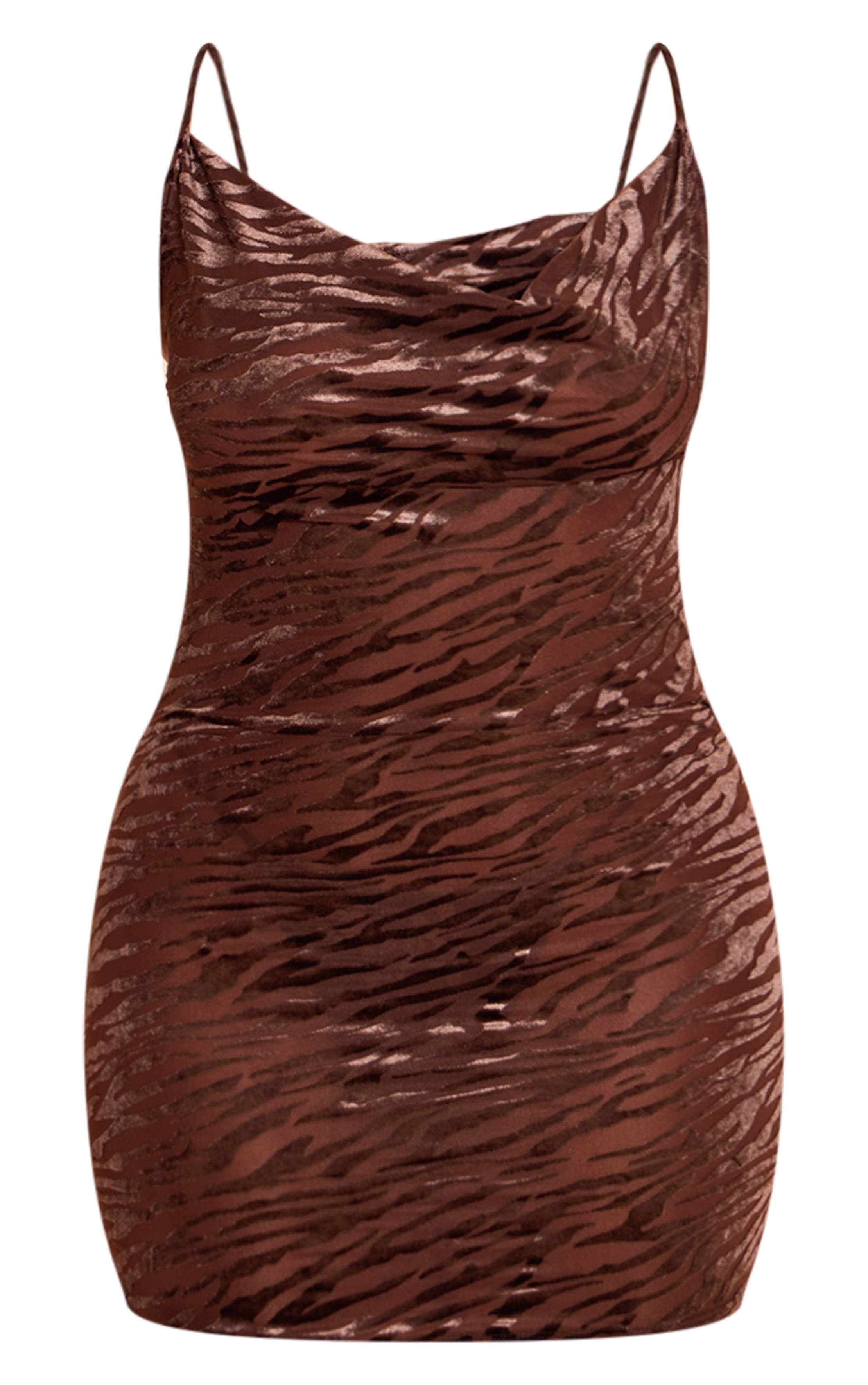 Marron Robe Moulante Mini À Imprimé Zèbre Dévoré Avec Col Bénitier