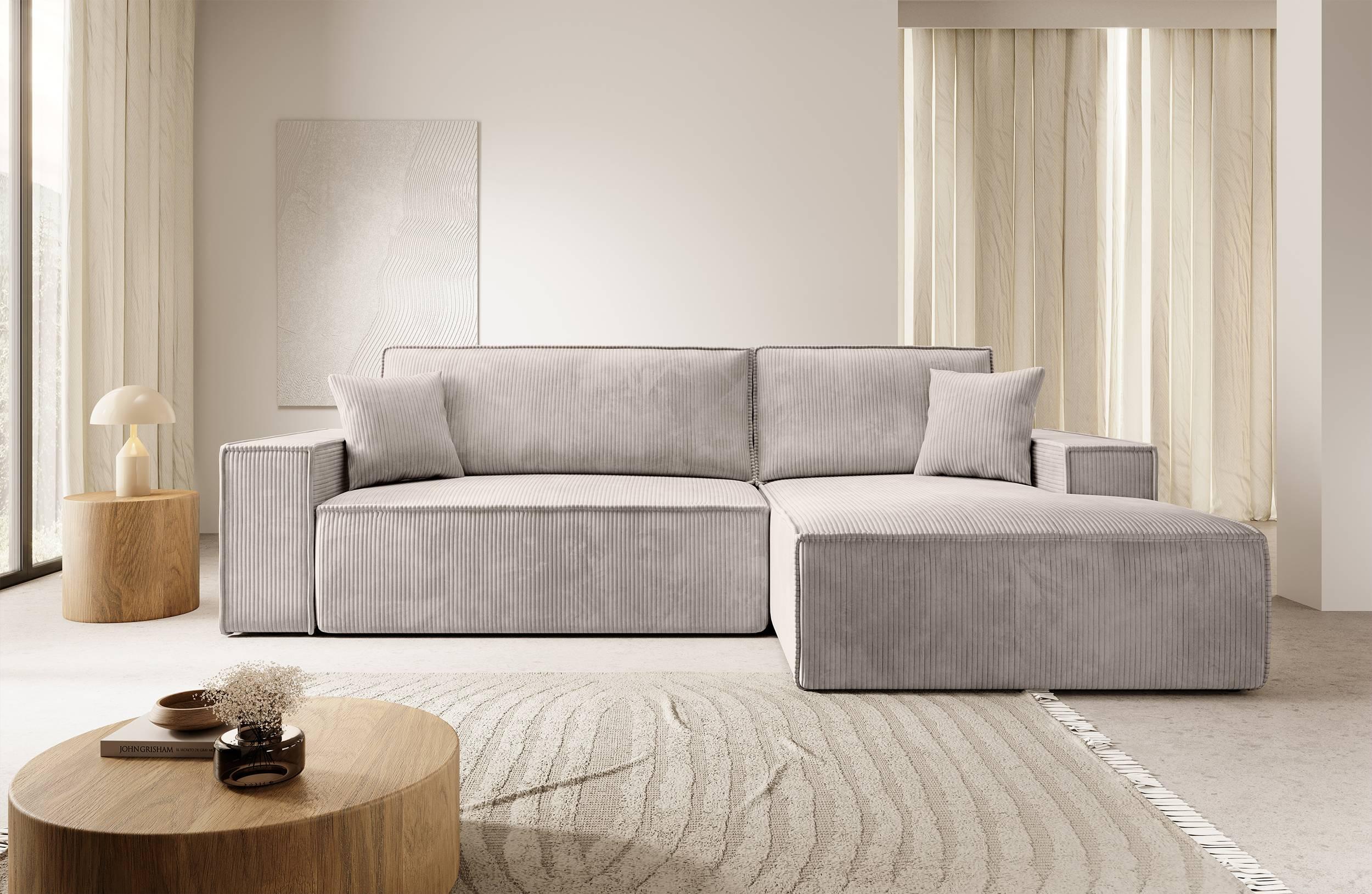 NADUVI Collection Galine Hoekbank met Chaise Longue Rechts met Slaapfunctie - Ribstof - CrÃ¨me
