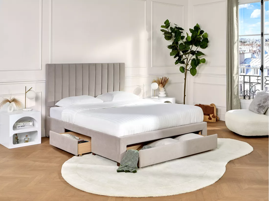 Lit avec 3 tiroirs 160 x 200 cm - Tissu - Beige + Matelas - LIAKO