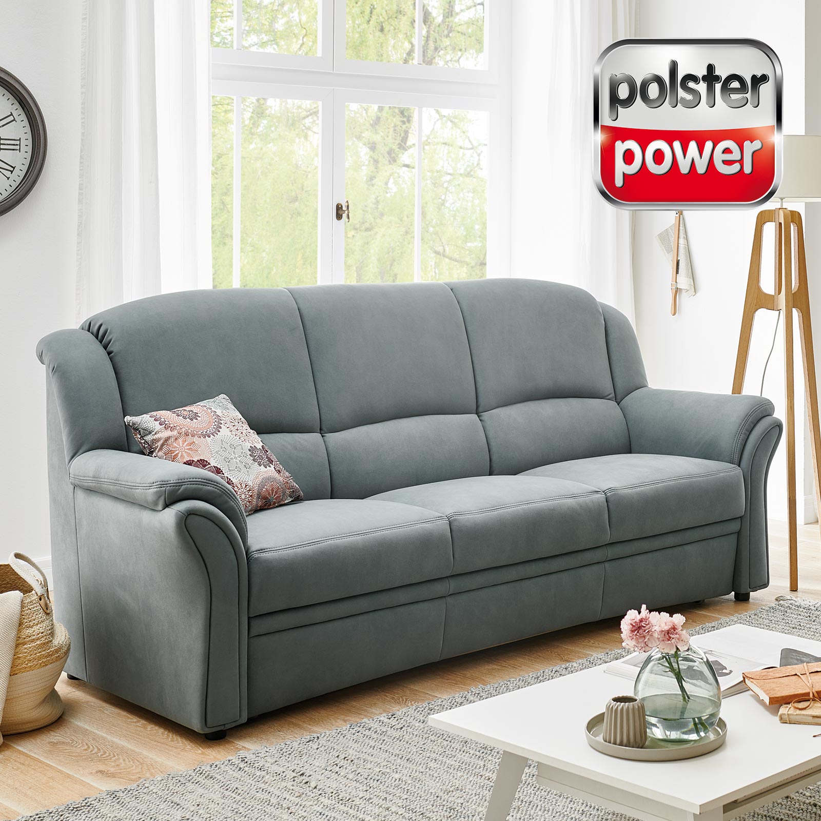 polsterpower 3-Sitzer-Sofa - grau-blau - Microfaser