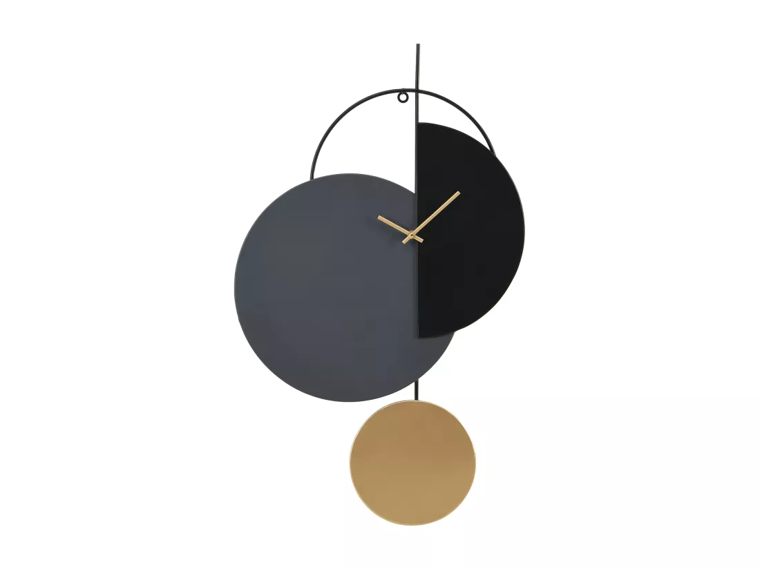 Horloge murale design en métal - D. 45 x H. 77 cm - Noir, gris et doré - FERNIA