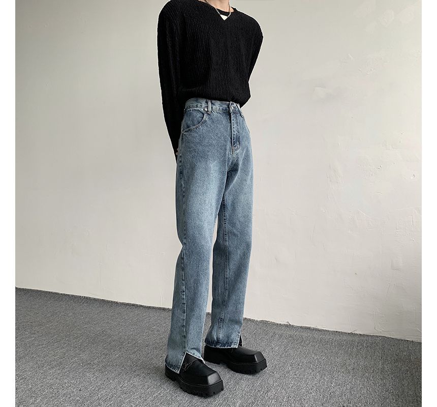 Freehop - Hoge taille, gewassen rechte jeans met zijsplit