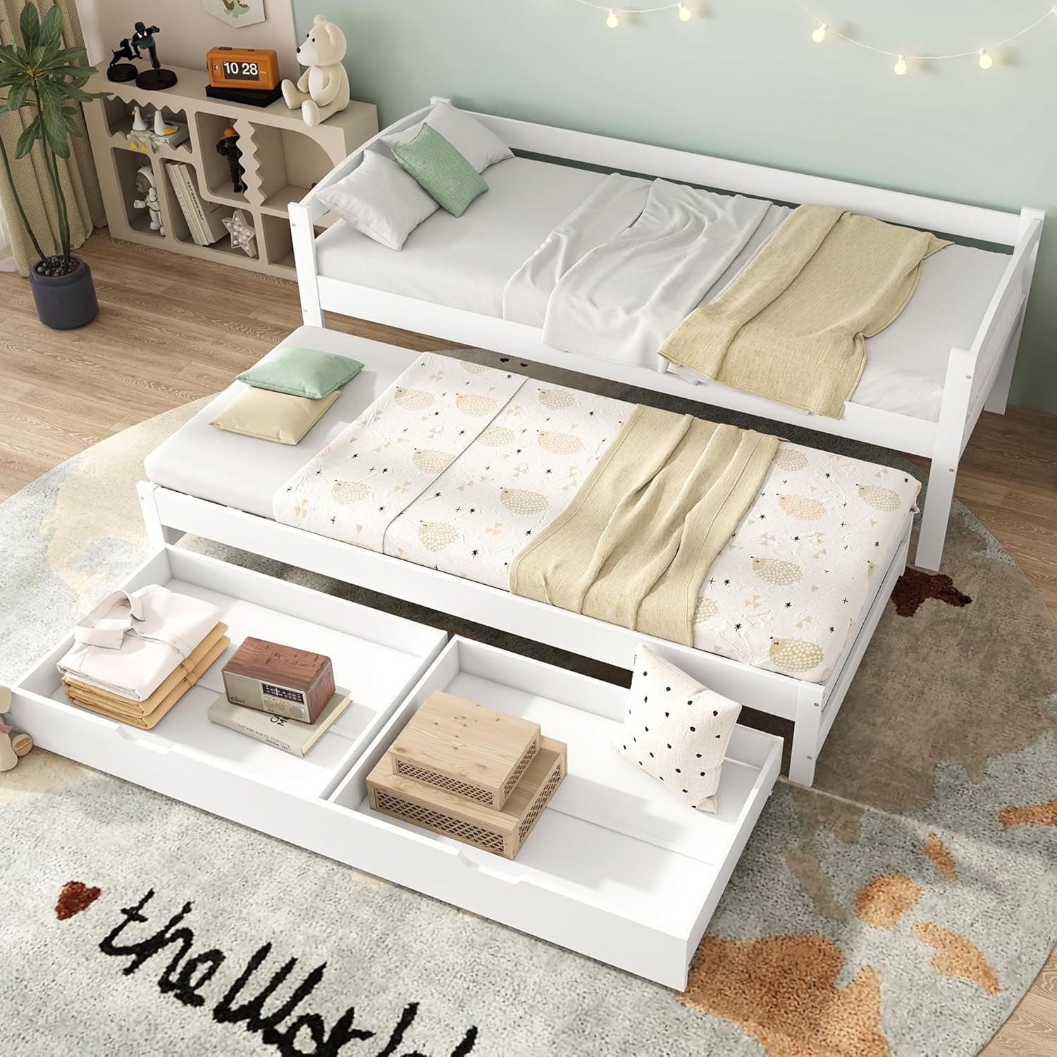 Kinderbett 90x200, Tagesbett mit Ausziehbett und 2 Schubladen, Sofabett Gästebett Schlafsofa Bett mit Lattenrost,Einzelbett/Doppelbett Jugendbett Funktionsbett Bettgestell aus Holz,ohne Matratze,Weiß