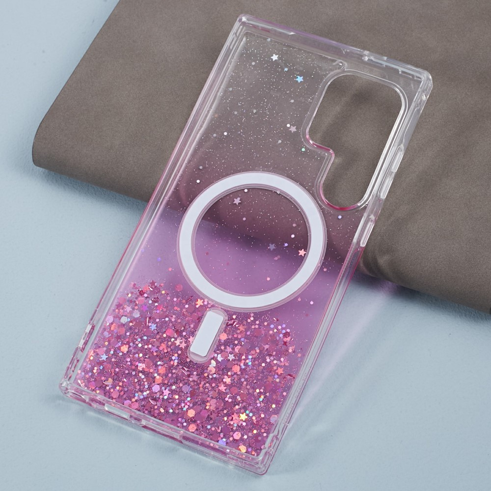 Samsung Galaxy S24 Ultra Hülle mit Acryl Rückseite und Farbverlauf im Glitzer Design MagSafe-Modul - Rosa