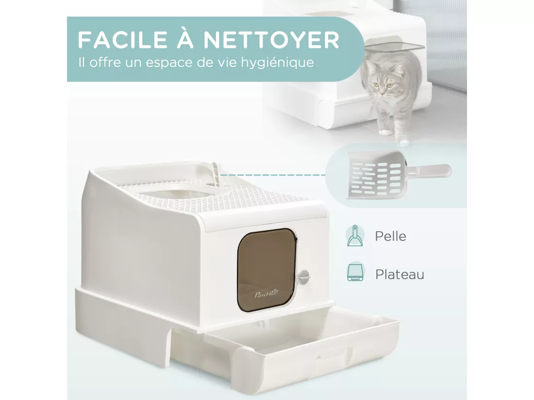 Maison de toilette chat bac à litière 2 portes - pelle, bac amovible, roulettes, poignée - PE blanc
