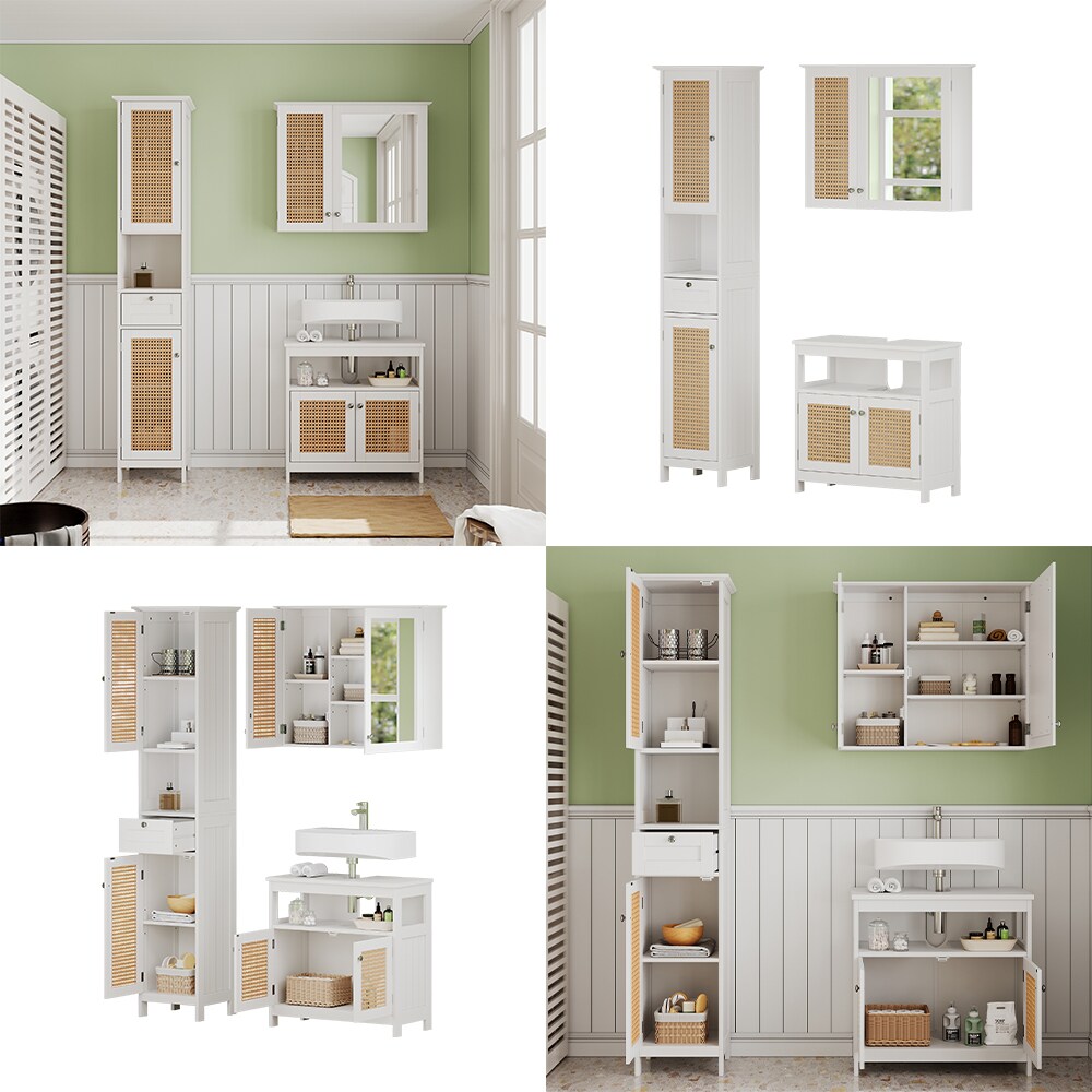 Vicco Badmöbel-Set Rosario, Weiß, moderne Serie, Badezimmer, dekorative Front, Spiegelschrank, Waschtischunterschrank, Hochschrank