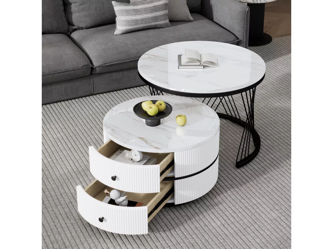 Lot de 2 tables gigognes - 2 tiroirs - plateau à motif de marbre - Blanc & Noir