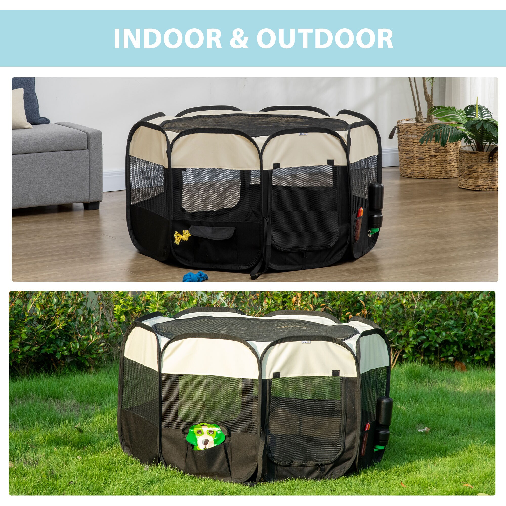 PawHut Welpenlaufstall mit Schutznetz schwarz, weiß 118L x 118B x 62H cm