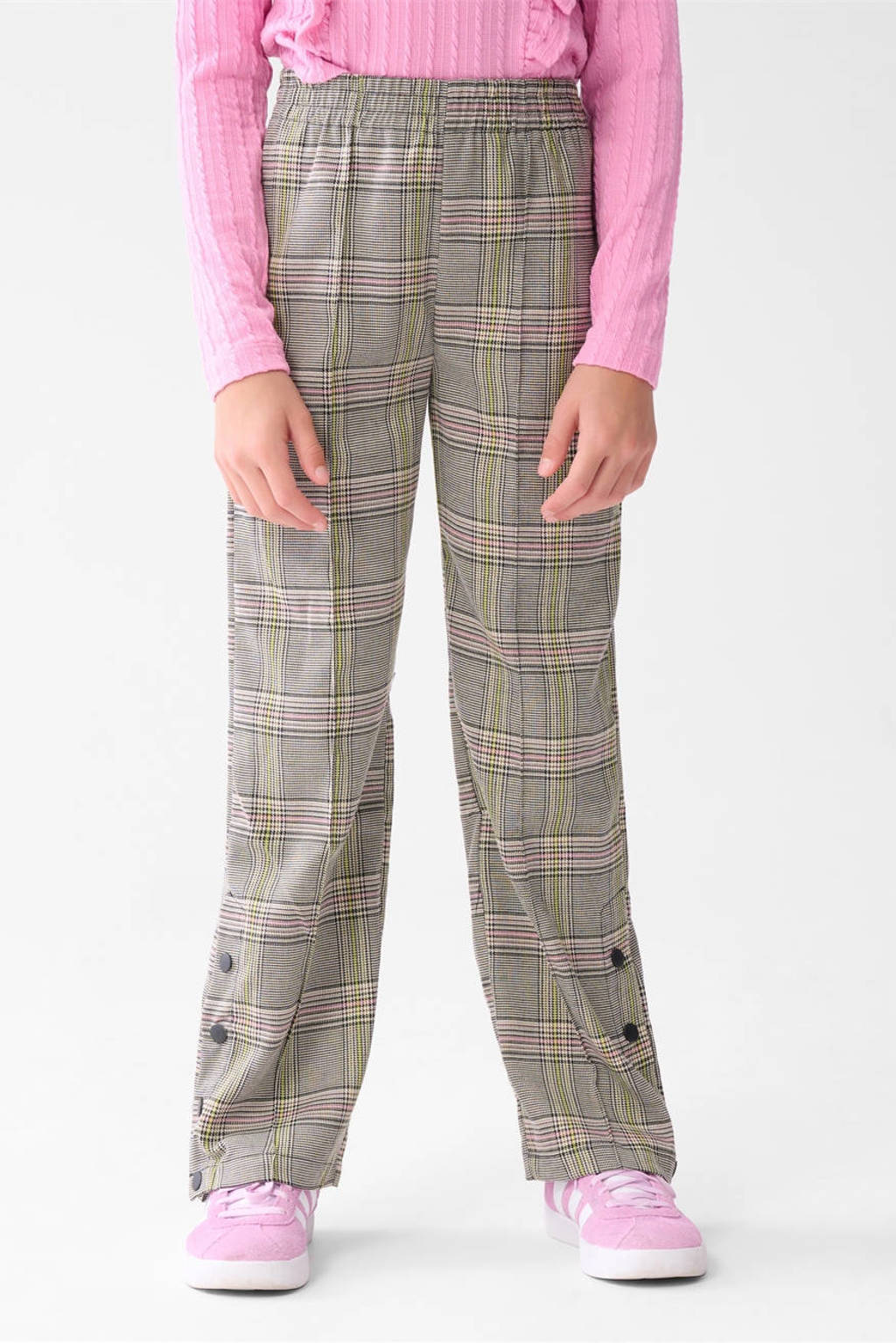 Shoeby geruite high waist wide leg broek ecru/zwart/geel