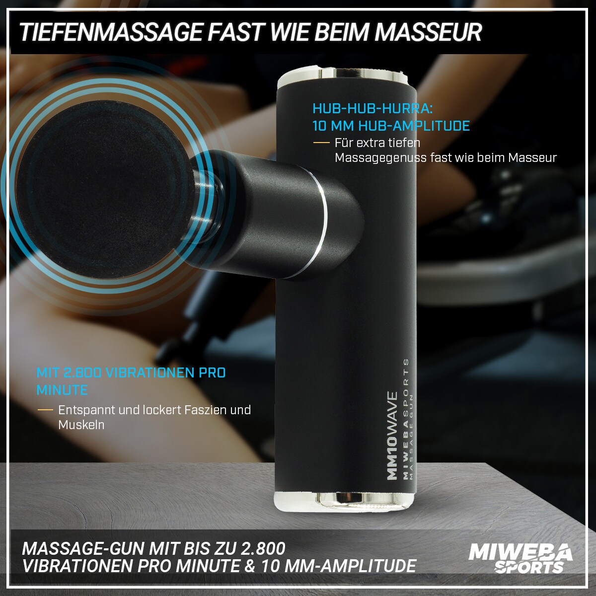 Miweba Sports Mini-Massagepistole MM10, Massage-Gun 2500 mAh, Faszien-Muskelmassage mit 4 Aufsätzen (Schwarz)