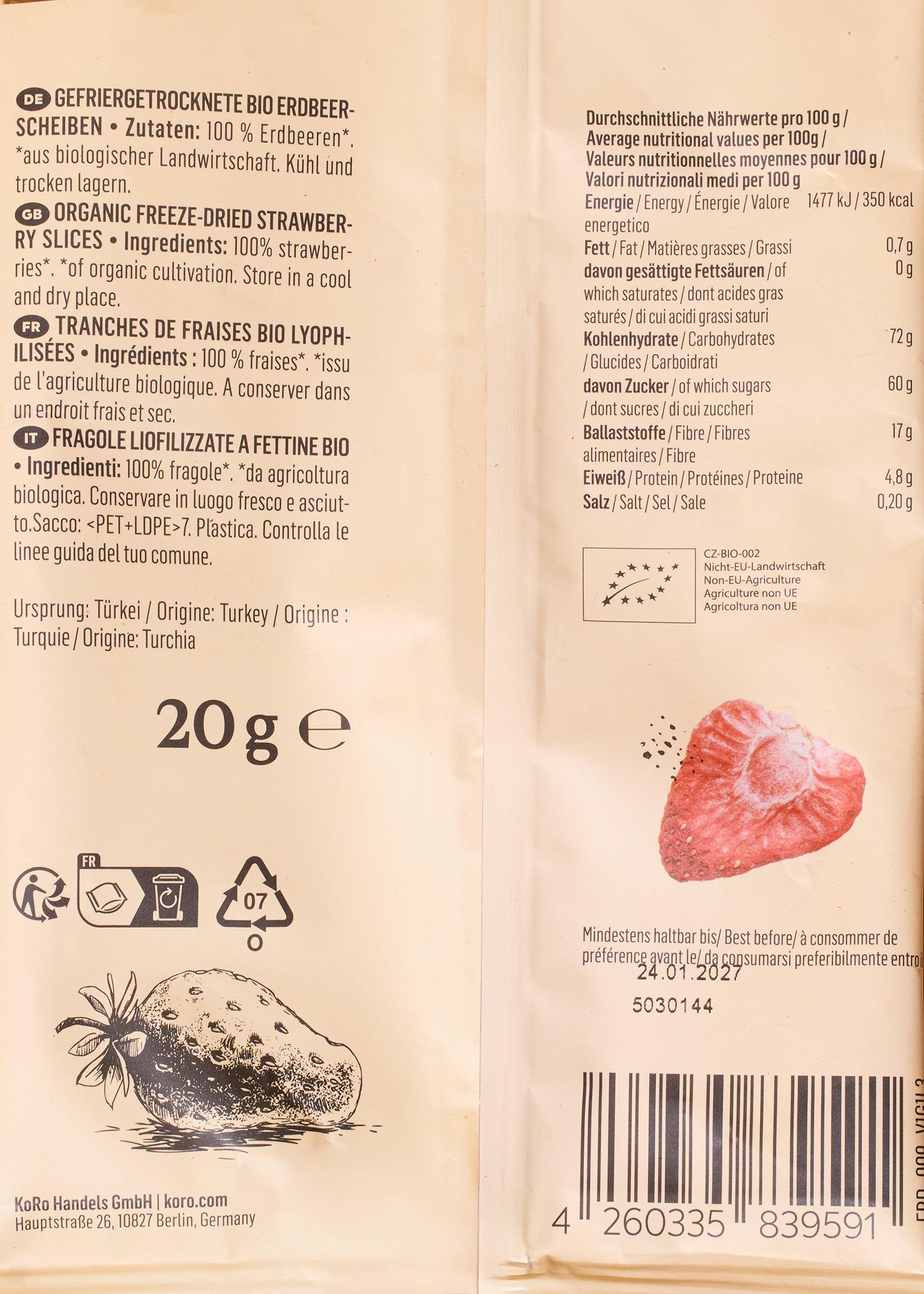 Gefriergetrocknete Bio Erdbeerscheiben 20 g