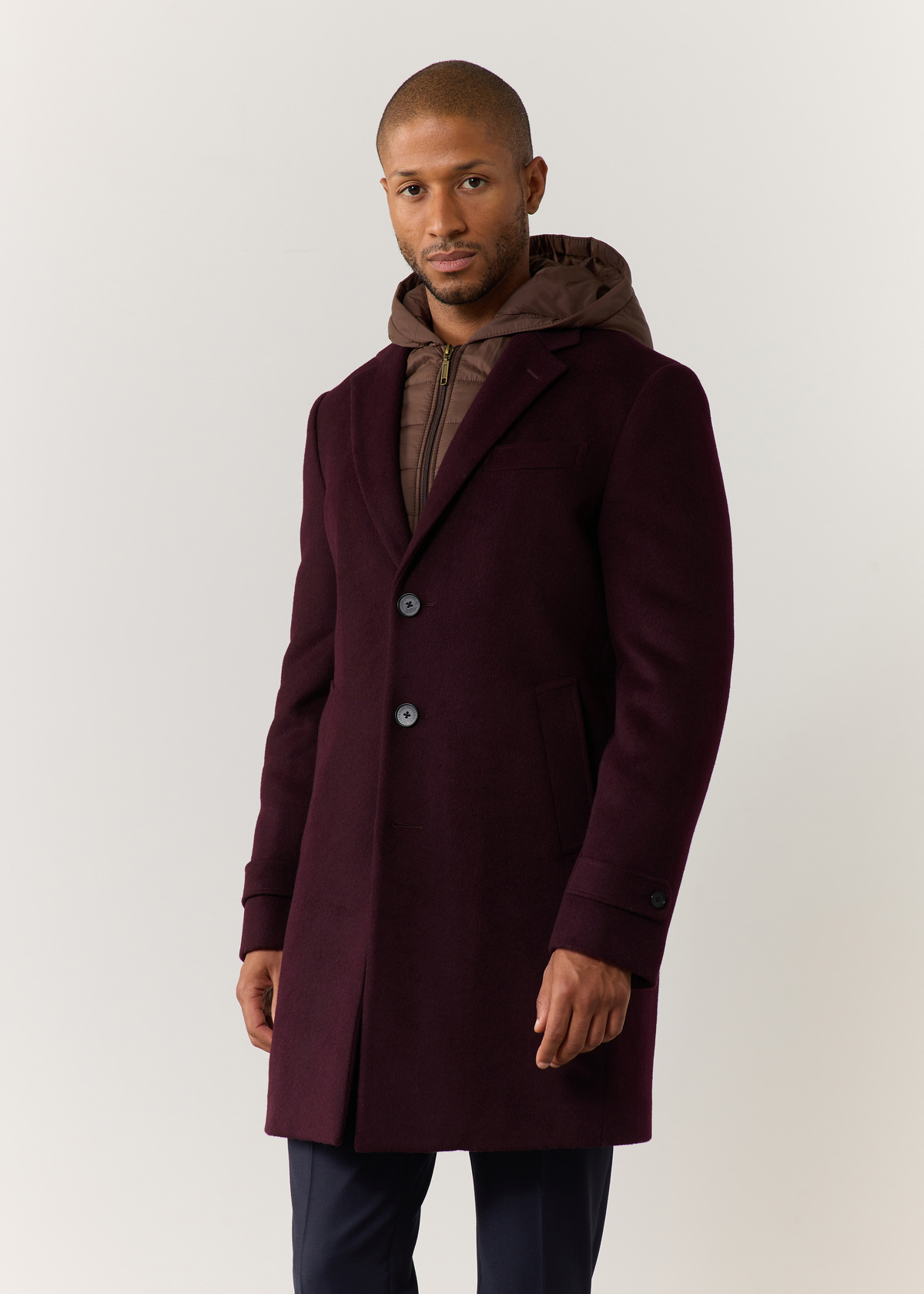 Manteau en laine mélangée unie bordeaux à capuche amovible