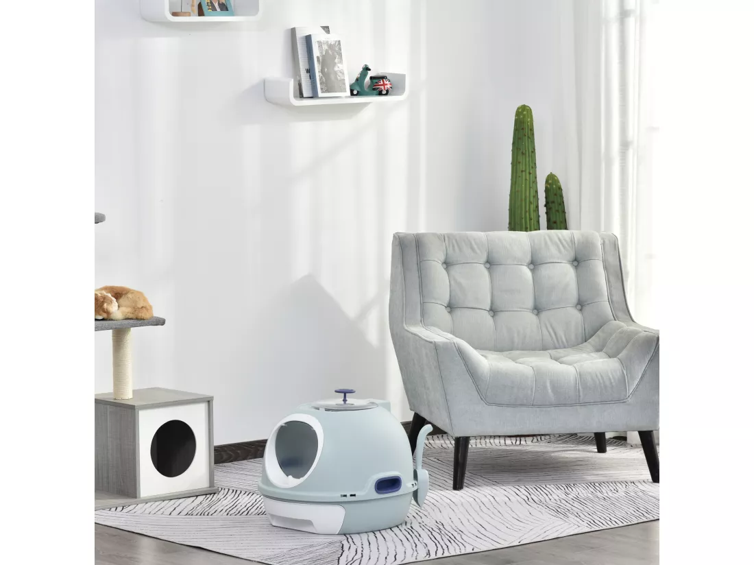 Maison de toilette portable pour chat tiroir à litière coulissant porte battante lucarne + pelle fournis dim. 47L x 55l x 44H cm bleu