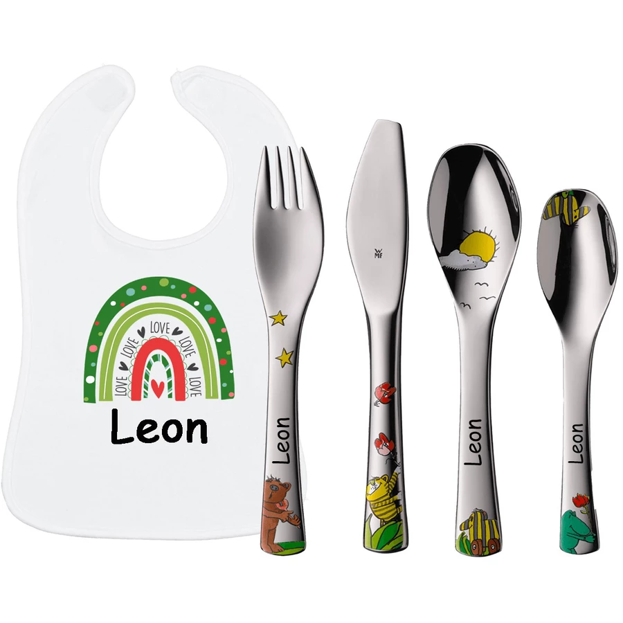 Schnullireich Geschenkset mit Namen WMF Kinderbesteck Janosch + Lätzchen Regenbogen Silber