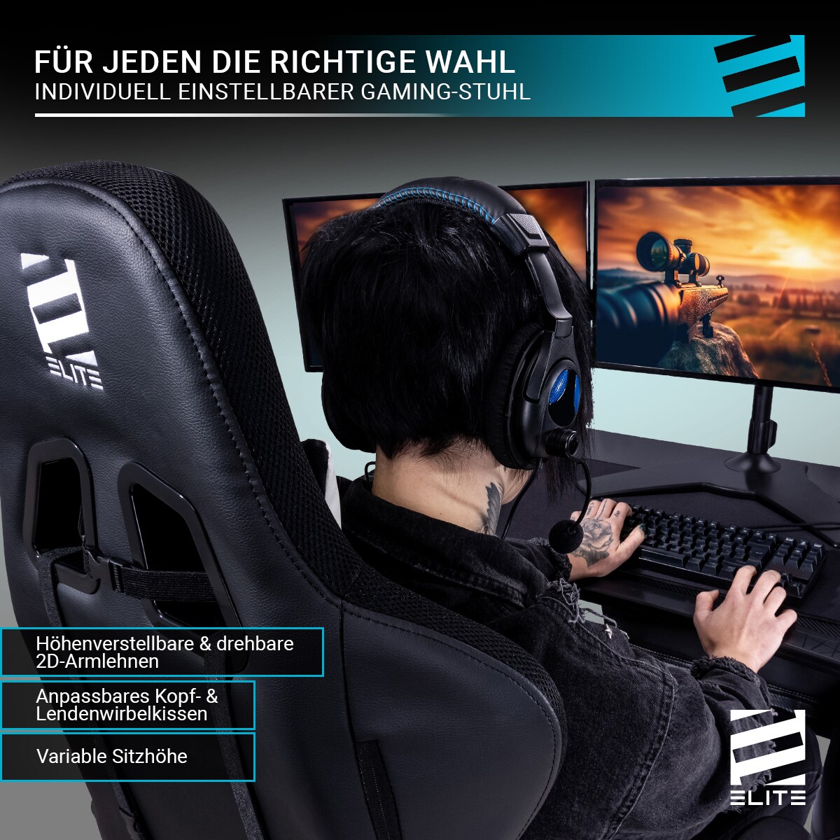 ELITE Gaming-Stuhl DESTINY, Rücken- und Nackenkissen, Wippmechanik, bis 170kg, Sitzhöhe 45-55, MG200 (Schwarz/Grün)