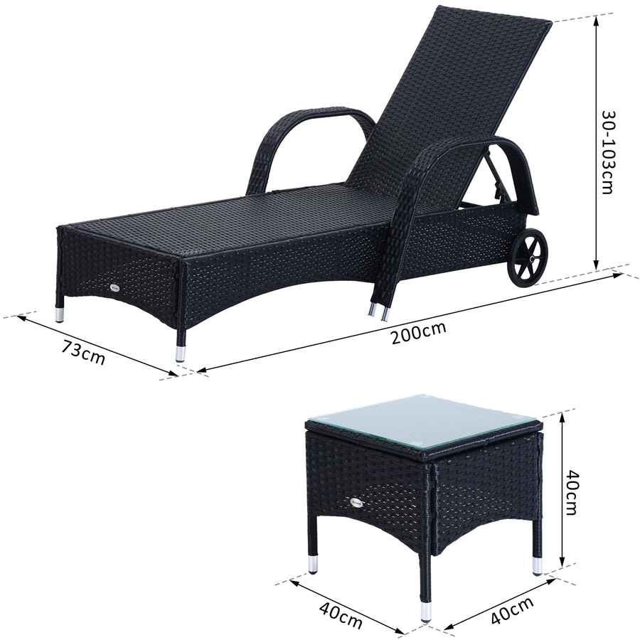 Outsunny Rattan Sonnenliegen mit Tisch schwarz