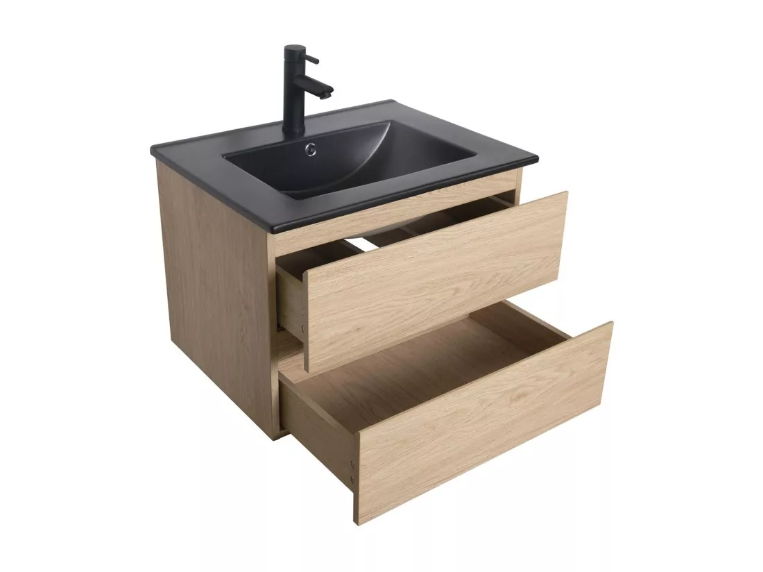 Meuble simple vasque décor chêne 60cm + vasque noire