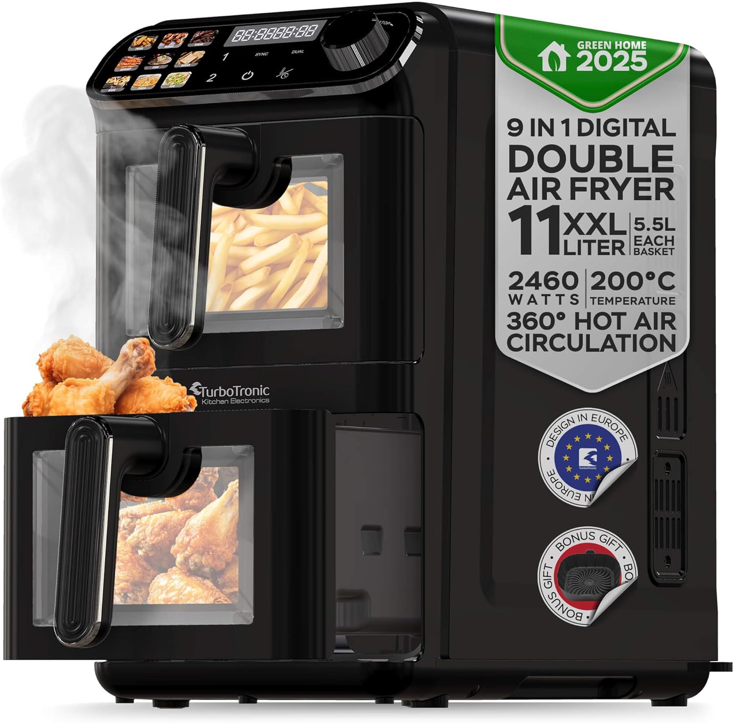 TurboTronic Heißluftfritteuse XXL – 11 L vertikale Doppelkammer Heißluftfritteuse 2 × 5,5 L DualZone, platzsparendes Double-Stack-Design AirFryer inkl. Silikoneinlagen, fettarmes Frittieren ohne Öl