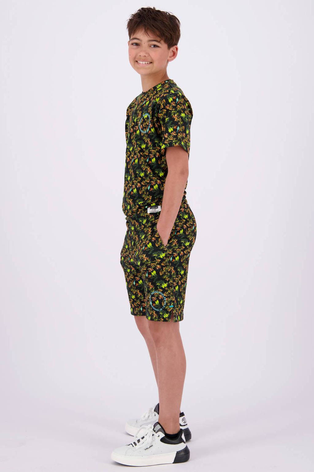 Vingino T-shirt Jerro met all over print zwart/neon geel/oranje