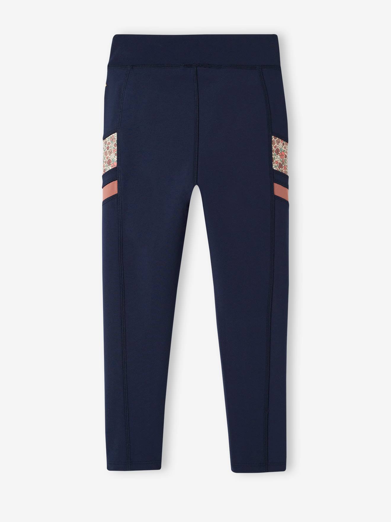 Leggings esportivas azul-marinho em tecido técnico com detalhes sofisticados para meninas.