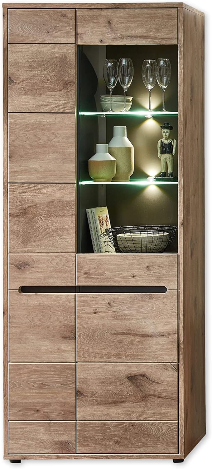 Stella Trading BELLANO Vitrine in Viking Eiche Optik, Graphit - Moderner Vitrinenschrank mit LED-Beleuchtung und viel Stauraum - 80 x 202 x 38 cm (B/H/T)
