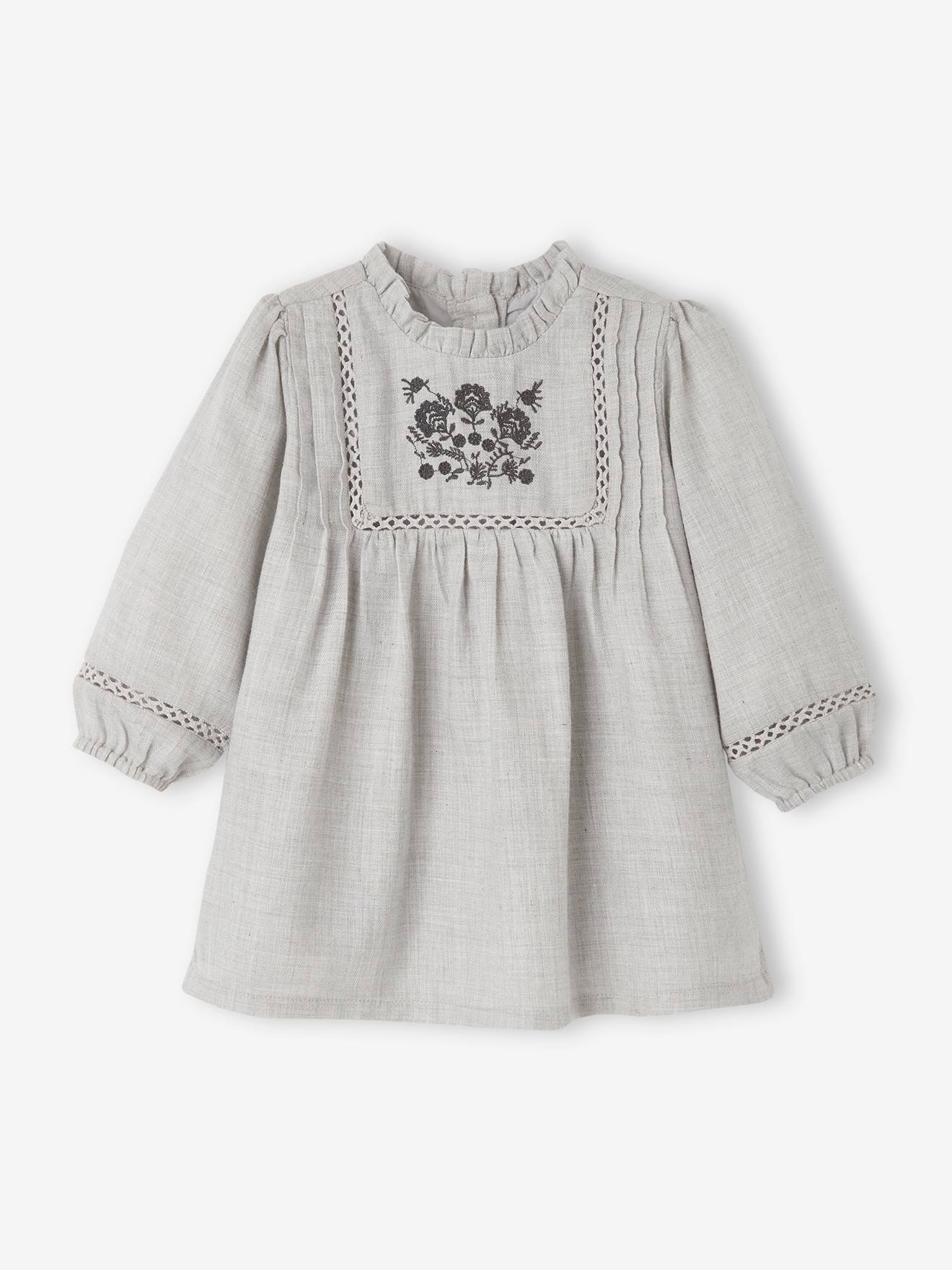 Vestido com aplique bordado, para bebê, cinza mesclado claro