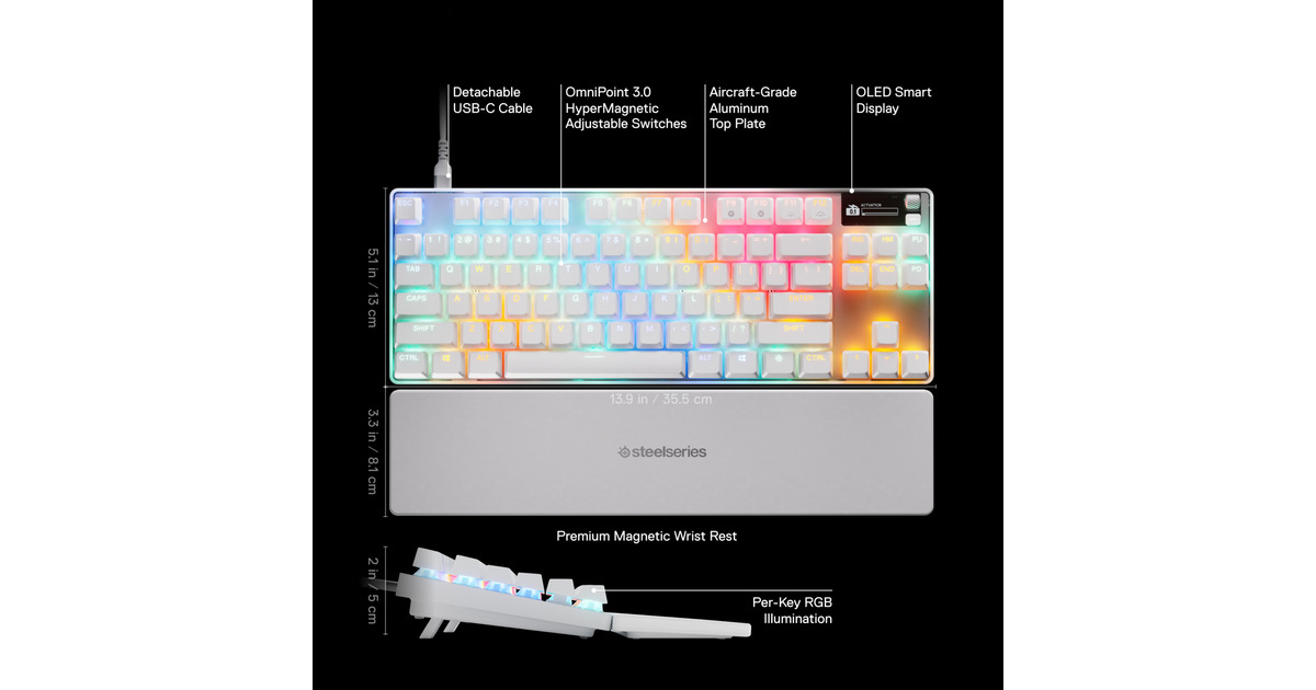 SteelSeriesApex Pro TKL Gen 3, gaming toetsenbord  (Wit, US lay-out, SteelSeries OmniPoint 3.0, RGB leds, TKL)