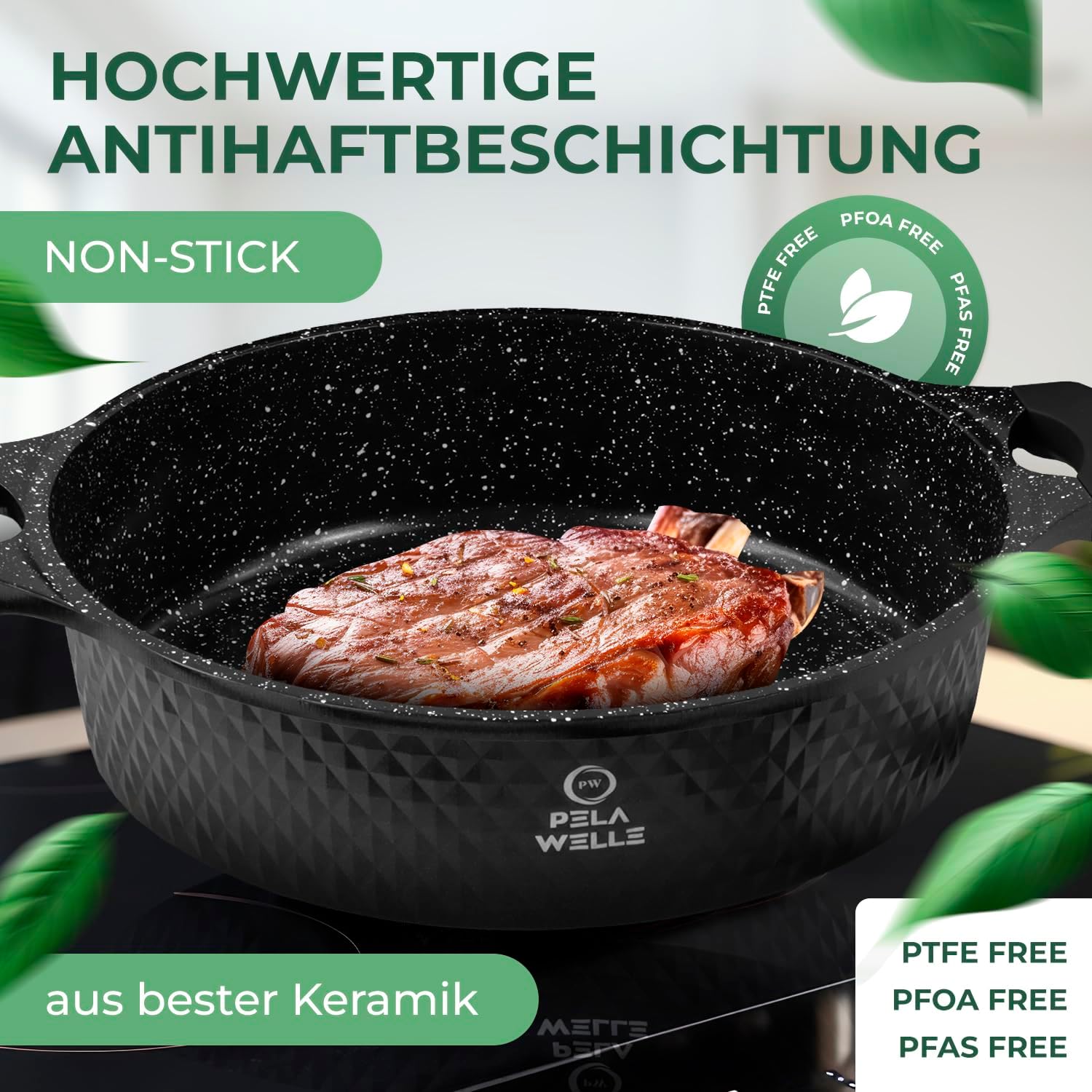 Pela Welle® Topfset Induktion [15-teilig Keramik] inkl. Küchenhelfer, antihaftbeschichtete Töpfe Induktion | Topfset schwarz | Kochtopf Set | Induktions Töpfe Set | Kochtöpfe | Topfsets