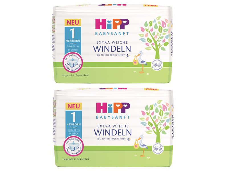 HIPP Neugeborenenwindeln Babysanft Grösse 1, 2x 24 Stk. Extra weiche Windeln