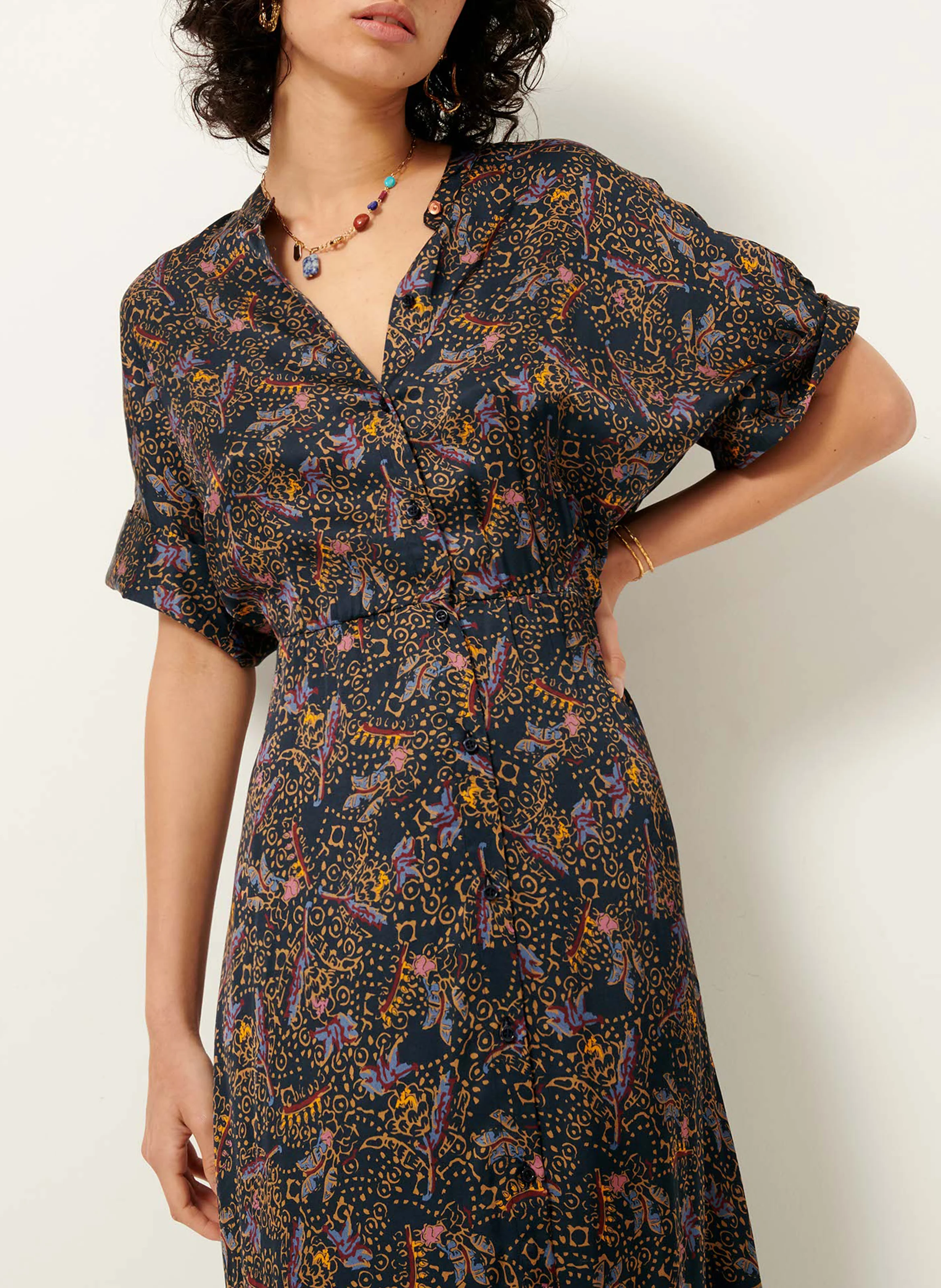 RINESSAN - Robe longue col rond imprimée | Bleu